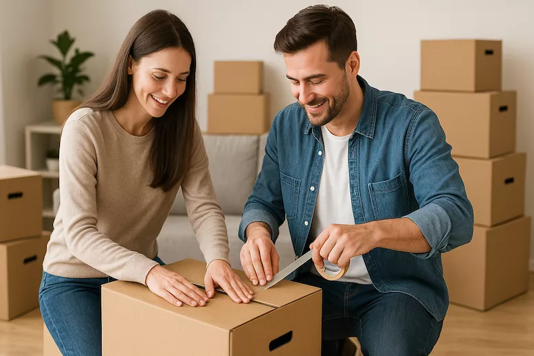 Par i samboförhållande packar flyttkartonger tillsammans utan konflikt